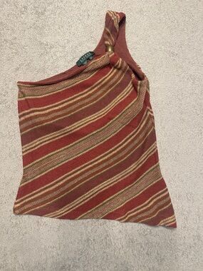 Ralph Lauren One-Shoulder Striped Knit Tank in Rust, Gold & Cream